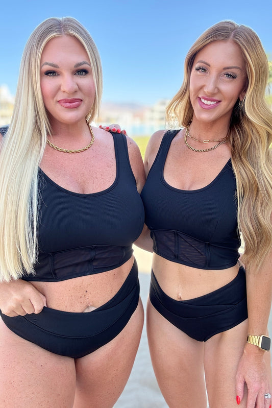 regular and plus size models wearing the Down the Block Two Piece Swimsuit modern bikini set.