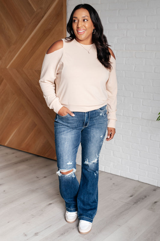 Plus size close-up of Dace Cold Shoulder Blouse neckline and fabric with lightweight French terry.