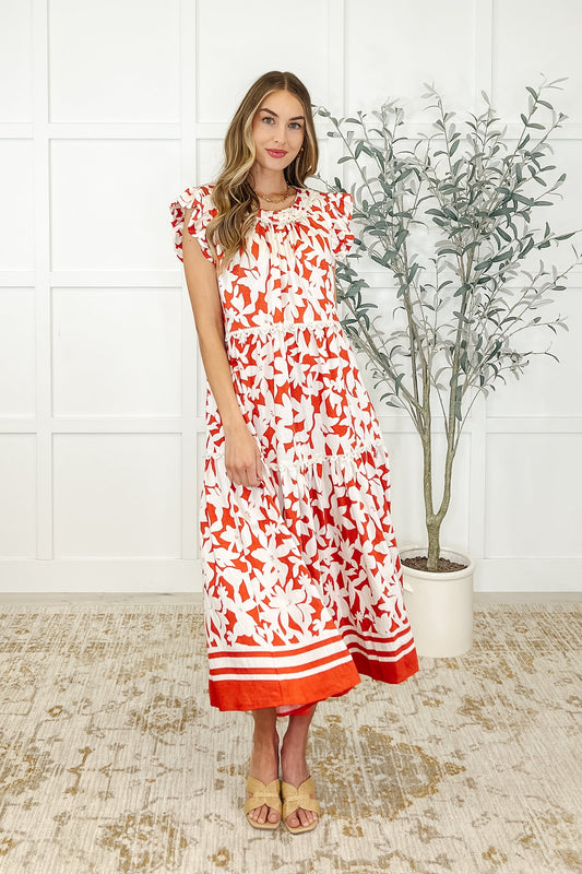 White and red Daine Tiered Dress front view with flutter sleeves and lace trim.