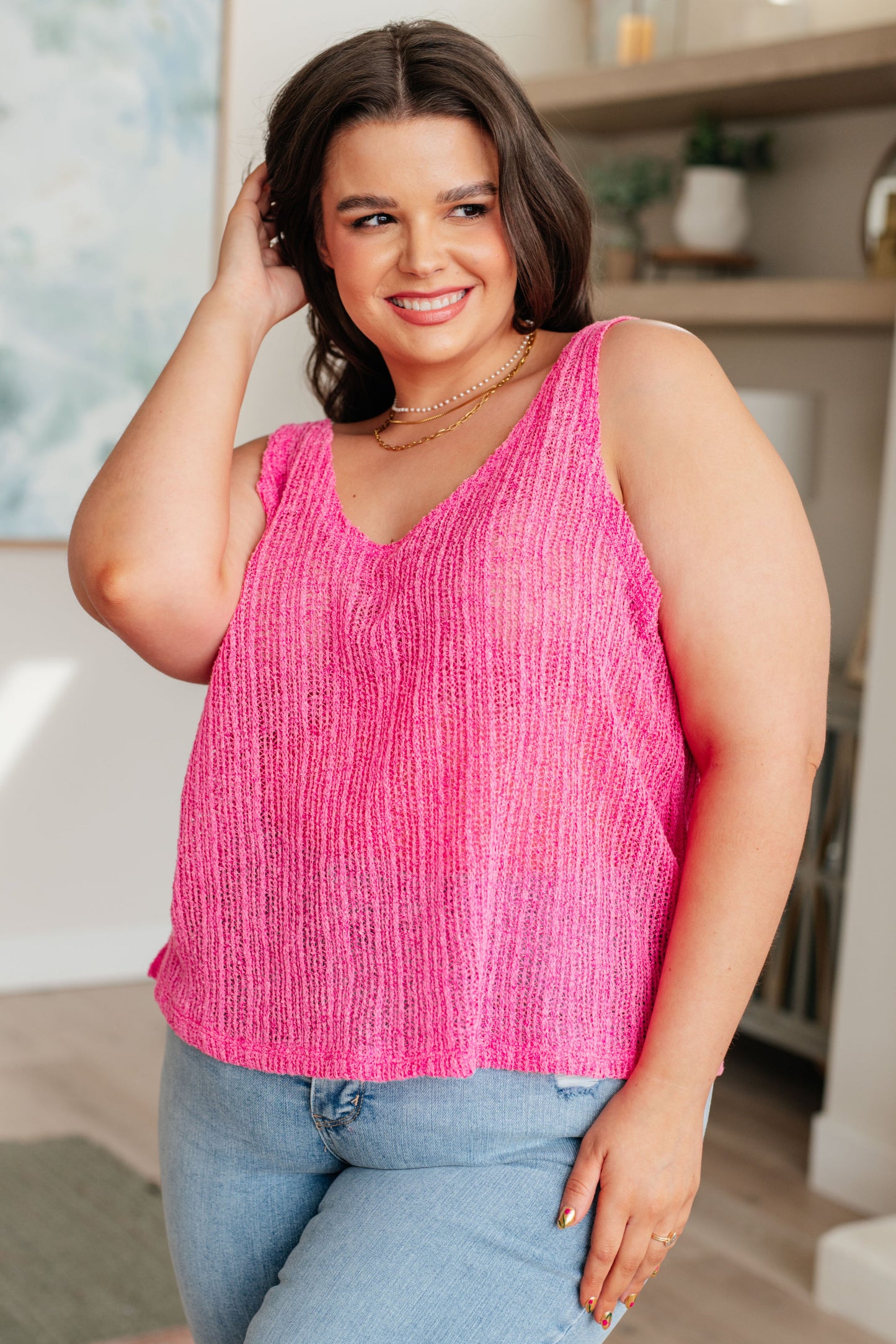 Plus size front view Daleyza hot pink knit V-neck tank, oversized A-line silhouette, trendy casual women’s fashion.