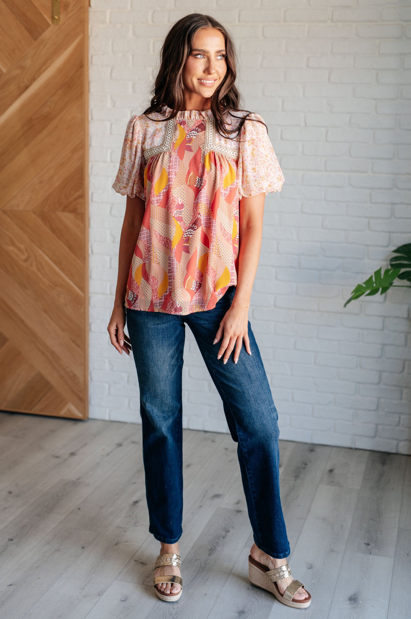 Frida Mixed Floral Top in Peach