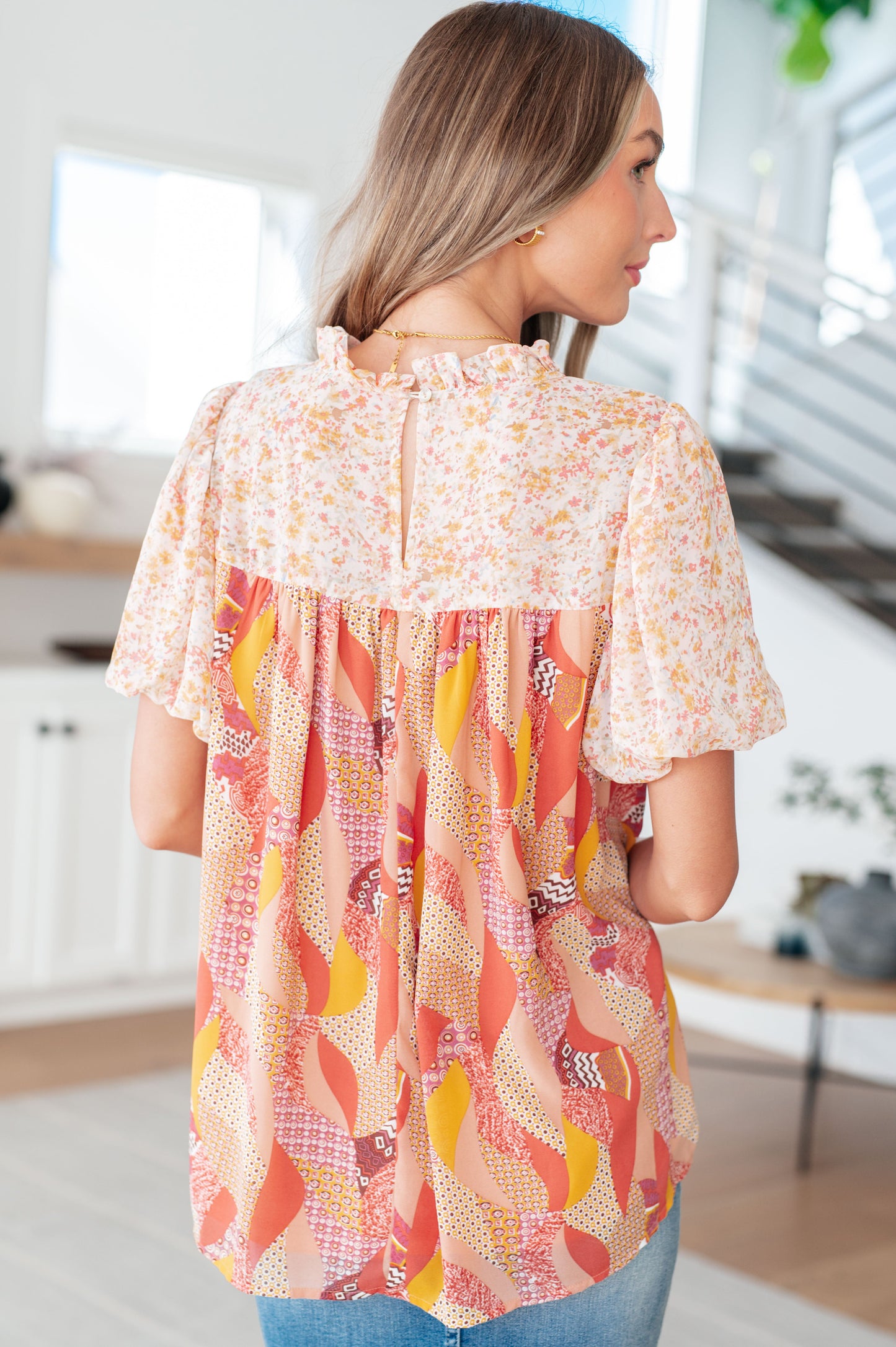 Frida Mixed Floral Top in Peach