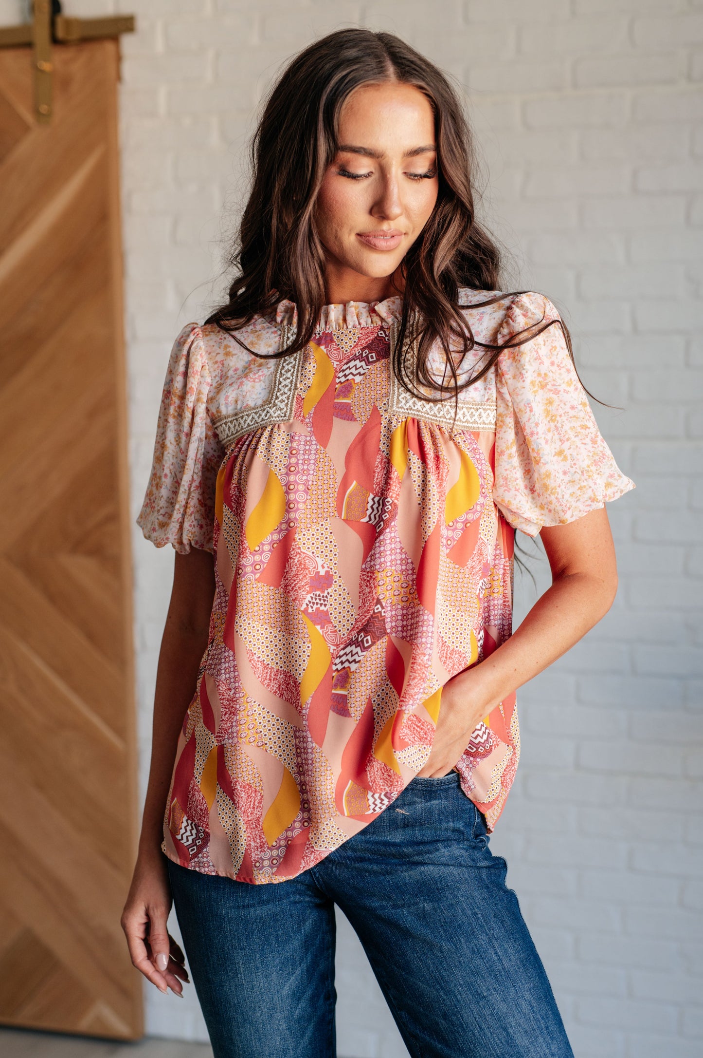 Frida Mixed Floral Top in Peach