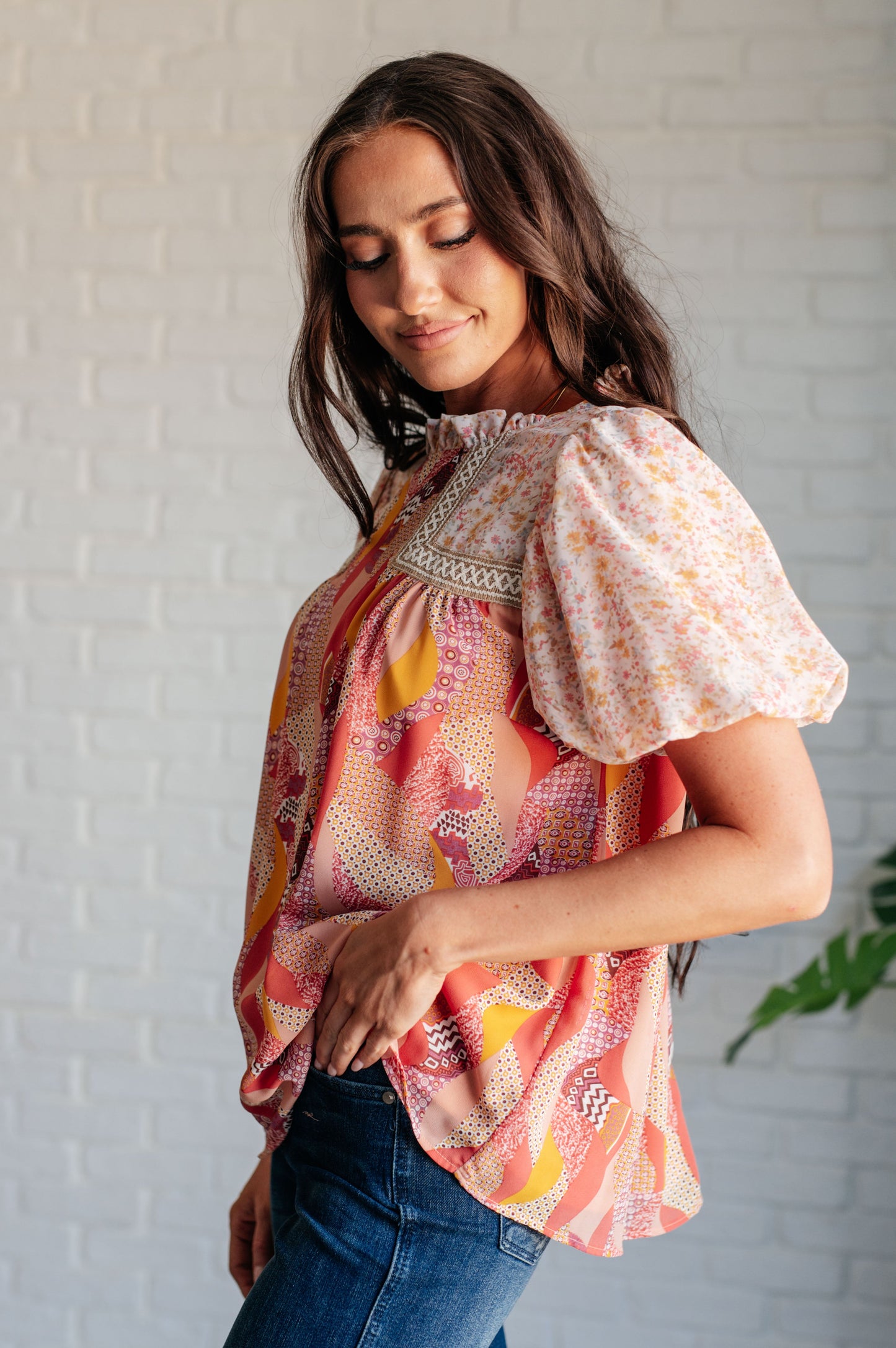 Frida Mixed Floral Top in Peach