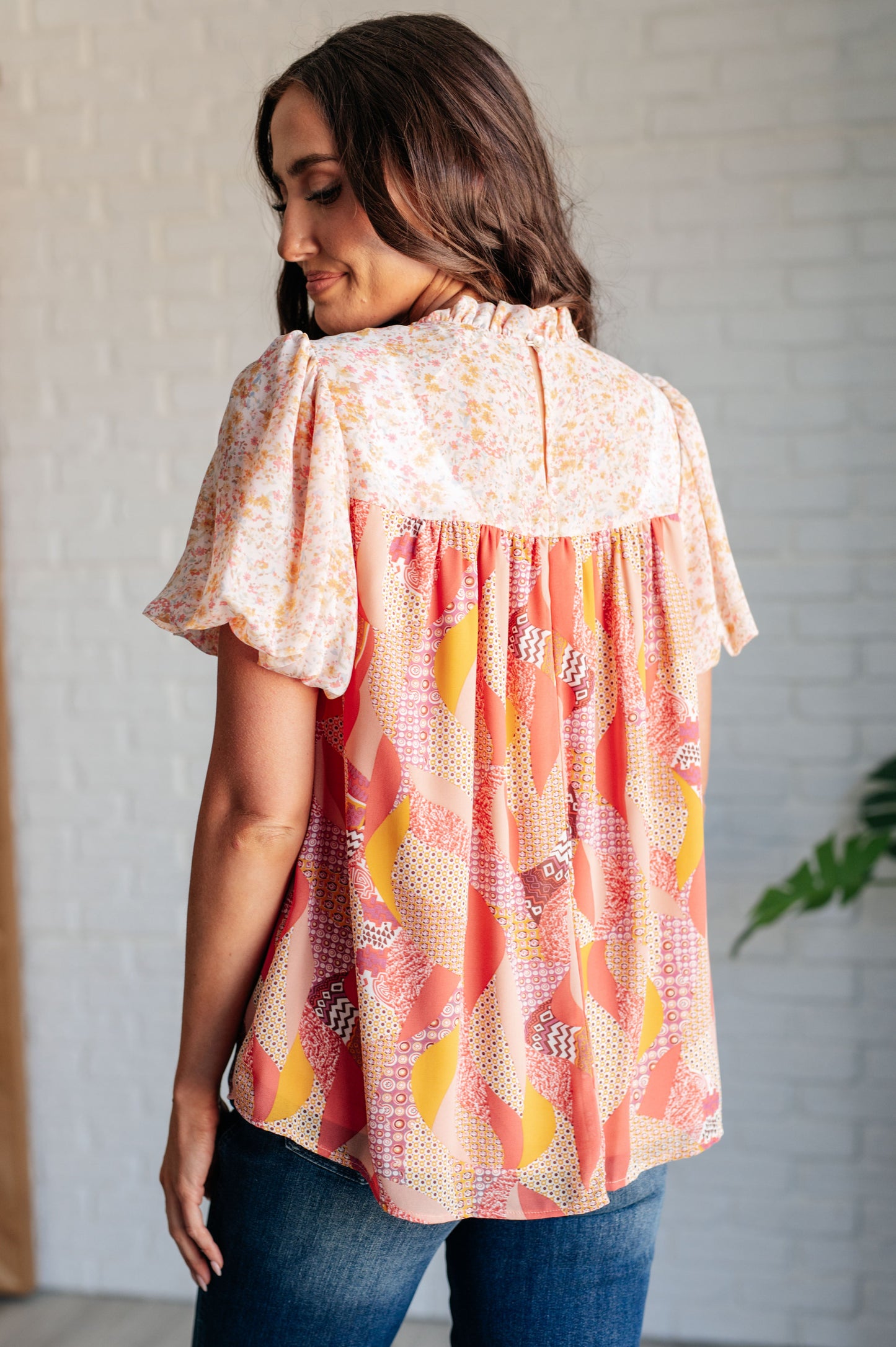 Frida Mixed Floral Top in Peach