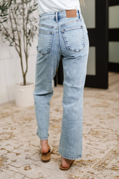 Straight fit Debbie high rise jeans in stone wash denim, Judy Blue back view.