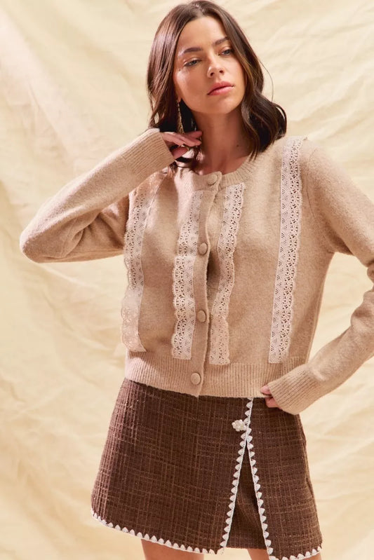 Front view of Demitria Lace Trim Cardigan showing button-down and lace detail.