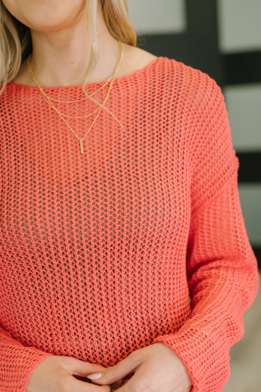 Close-up of Chaya Loose Knit Sweater neckline and net knit texture