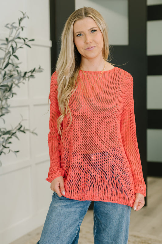 Front view of Chaya Loose Knit Sweater in sunset net knit