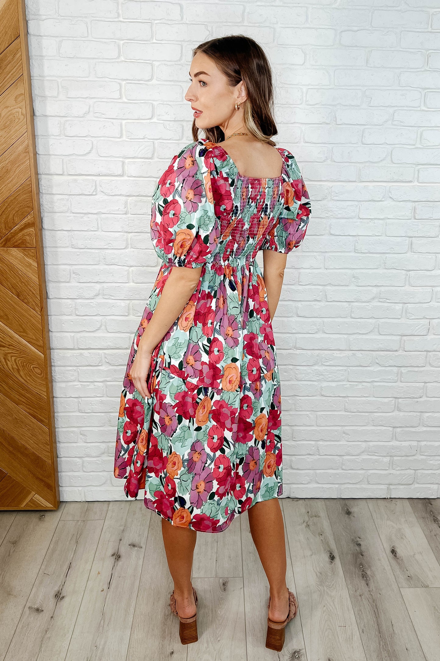 Dewey Puff Sleeve Floral Dress - Square Neckline, Smocked Bodice, Poplin Woven, Multi-Color Floral