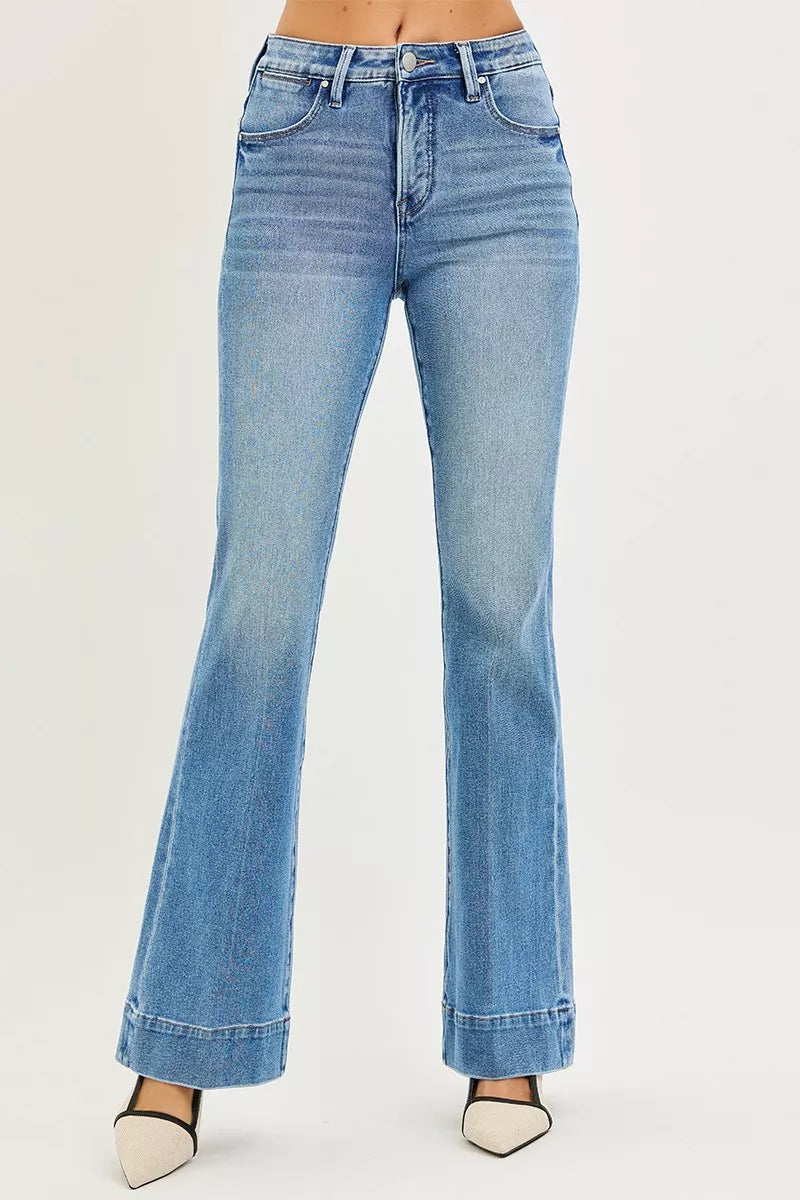Front view of Diya Mid-Rise Flare Jeans showing mid-rise waist and flare leg.