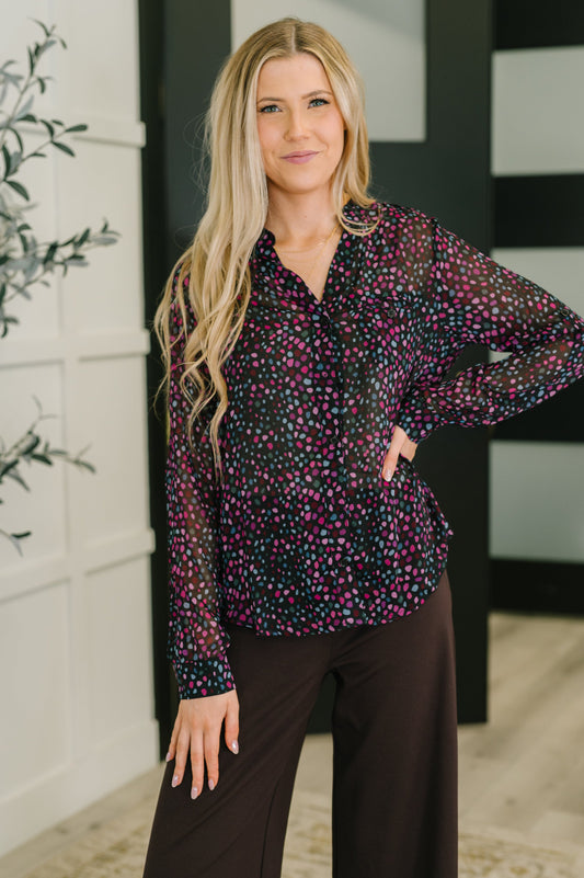 Front view of Miranda Polka Dot Blouse in chiffon with pink and blue dots.