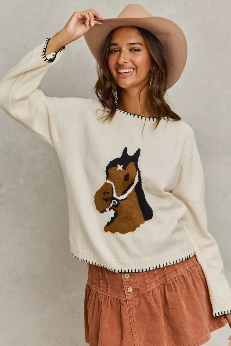 Dolly Horse Knit Sweater Top in ivory with blanket stitch accents.