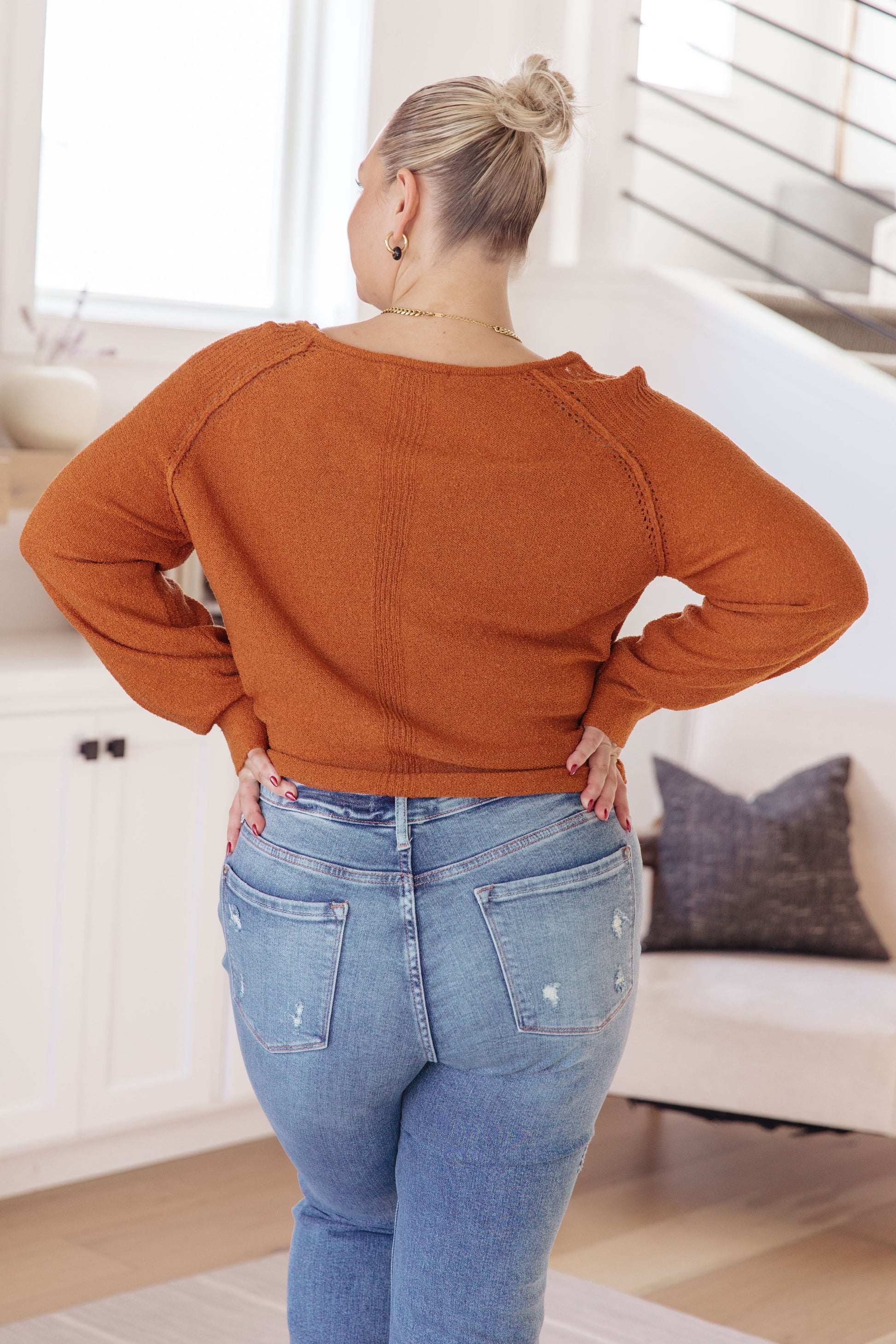 Plus size back view of Dorothy Rust Pullover with exposed seam accents and comfy fit.