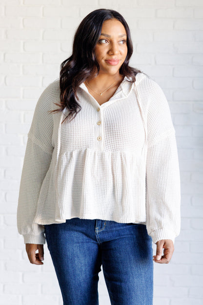Holly Henley Hoodie - White Waffle Knit, Peplum Design, Drawstring Closure