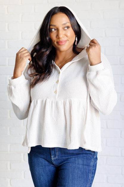 Holly Henley Hoodie - White Waffle Knit, Peplum Design, Drawstring Closure