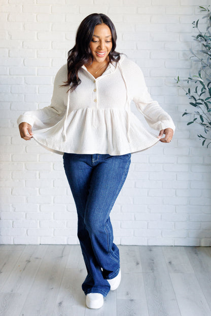 Holly Henley Hoodie - White Waffle Knit, Peplum Design, Drawstring Closure