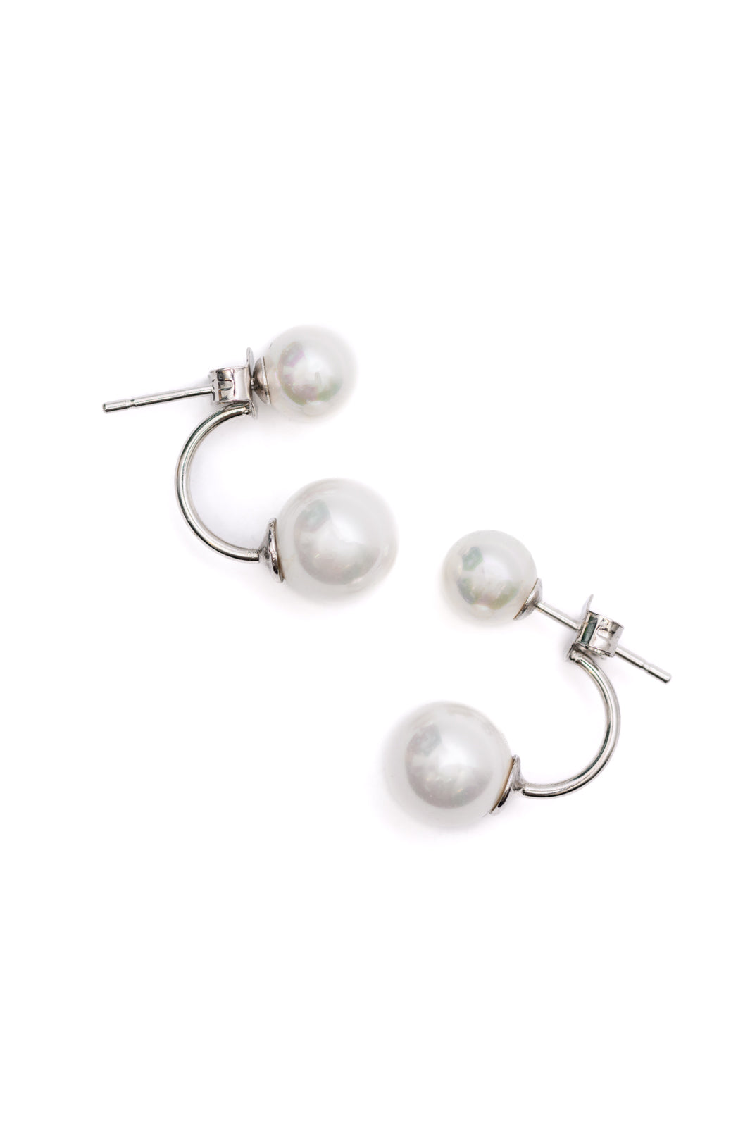 Double Pearl Stud Earrings made of 925 sterling silver with a butterfly push back closure, hypoallergenic, and 5/8" in length.