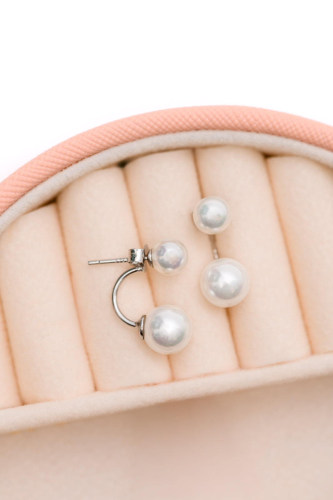 Double Pearl Stud Earrings made of 925 sterling silver with a butterfly push back closure, hypoallergenic, and 5/8" in length.