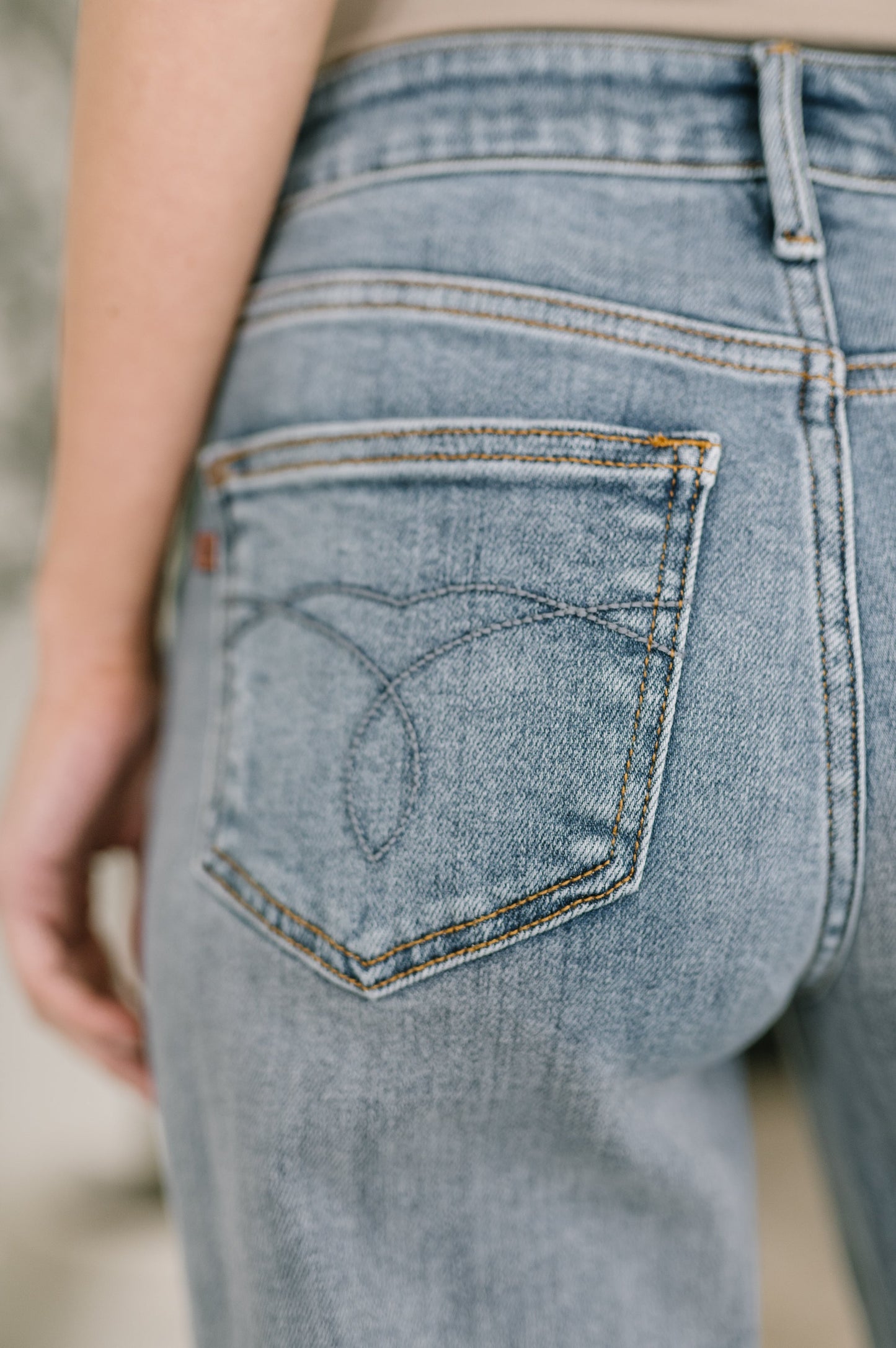 Close up of Elaine Mid Rise Boyfriend Jeans by Judy Blue pocket detail.