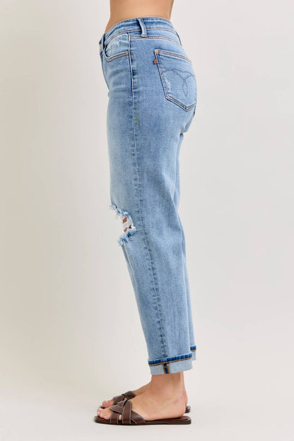 Side view of Elaine Mid Rise Boyfriend Jeans by Judy Blue highlighting relaxed boyfriend silhouette.
