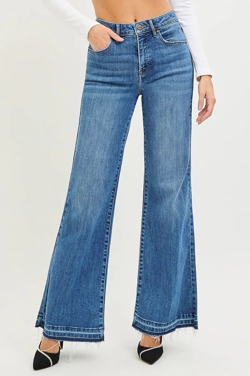 Front view of Elizabeth High Rise Wide Leg Jeans showing flattering high-rise fit.