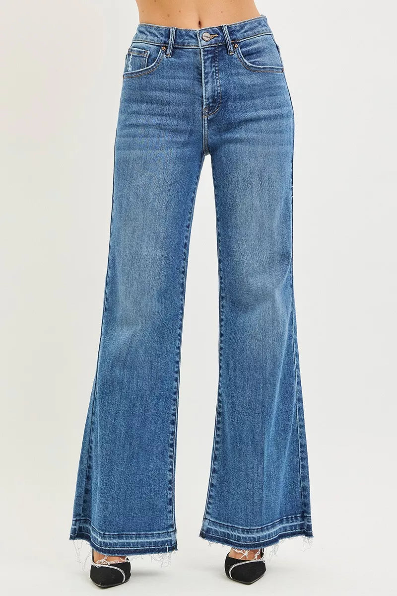Elizabeth High Rise Wide Leg Jeans styled with heels for casual cool look.