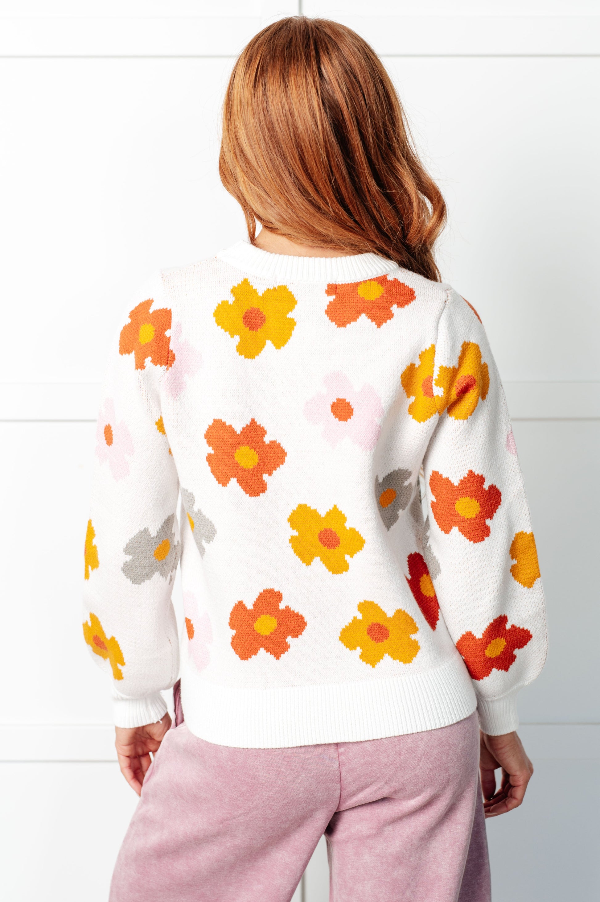 Back view Kyla Floral Sweater showing floral pattern
