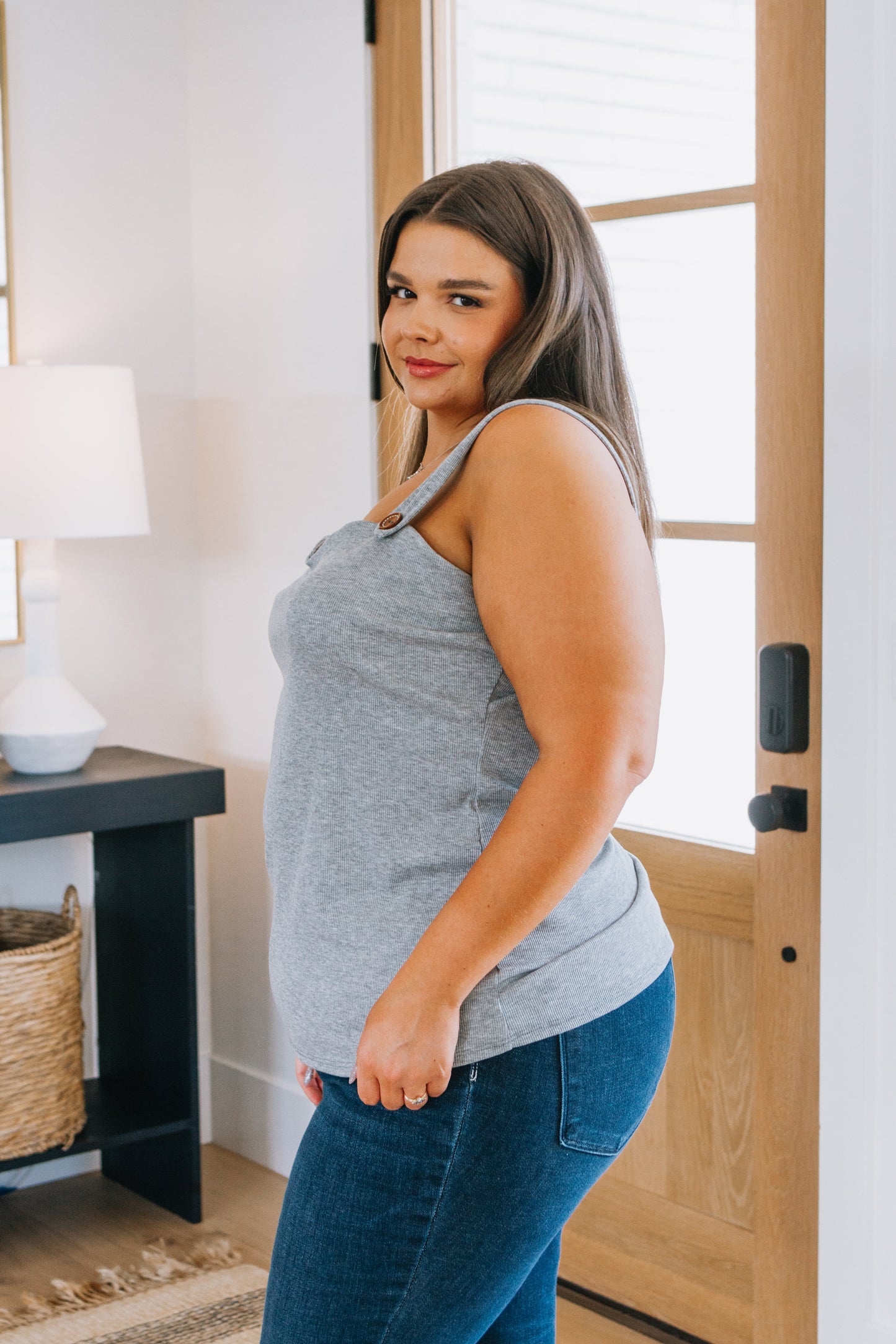 Side view of flattering plus size tank top for women – gray ribbed knit with gathered back.