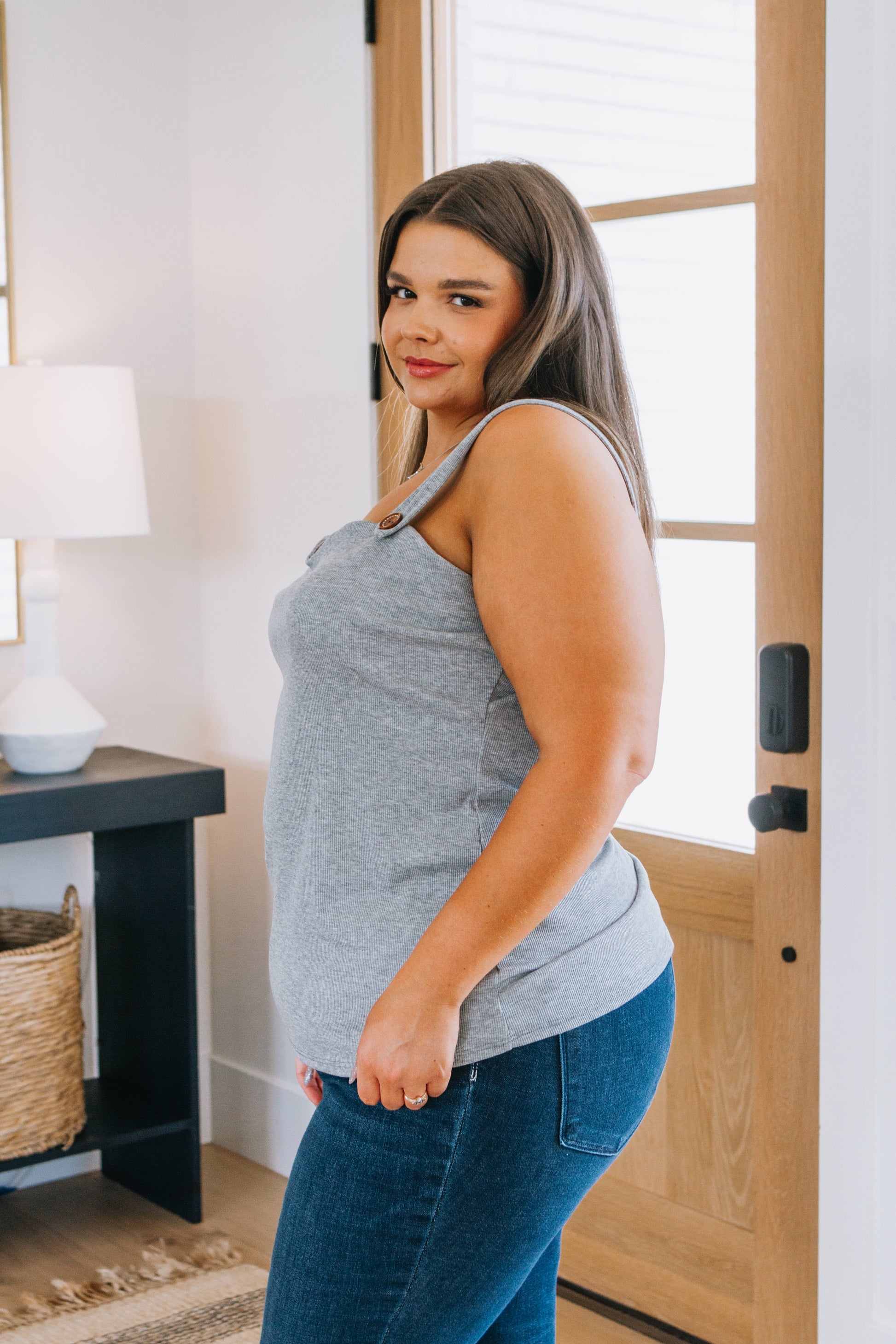 Side view of flattering plus size tank top for women – gray ribbed knit with gathered back.