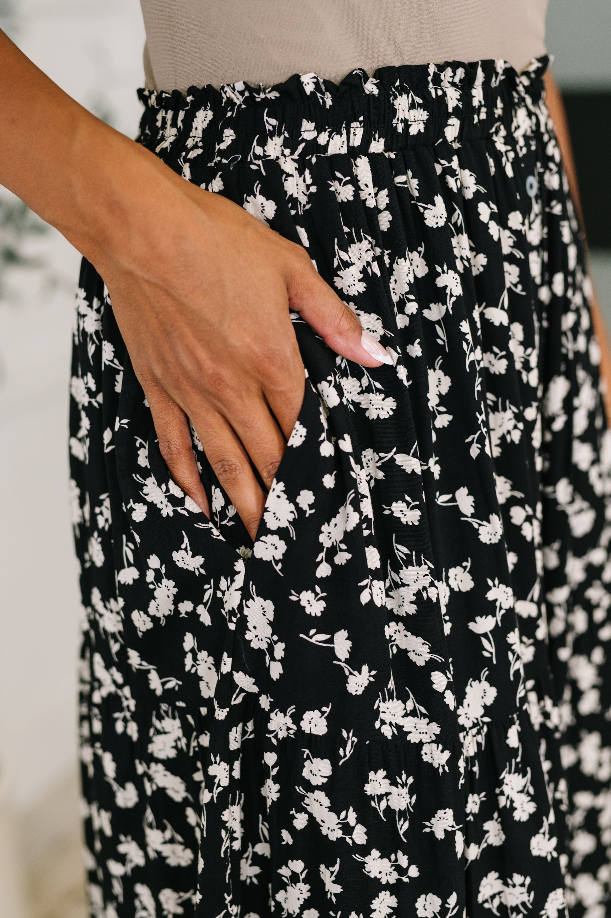 Close-up of Virginia Floral Skirt showing elastic waistband and floral button details.