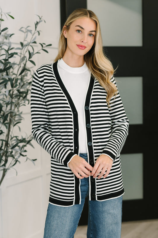 Finn Striped Cardigan in Black and White, front view showing button closure and V-neckline.