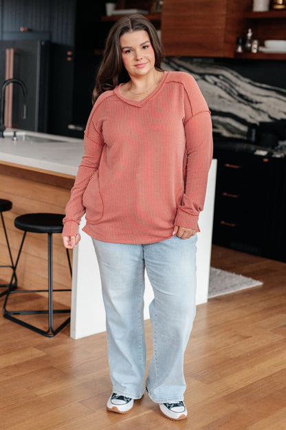 Plus size full body view Molly Rib Knit Top with side slits and relaxed fit