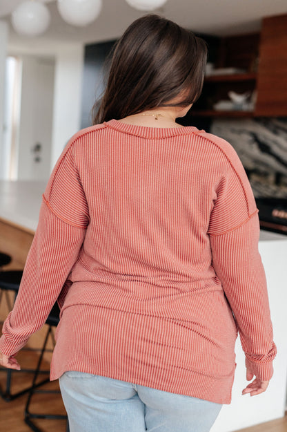 Plus size back view Molly Rib Knit Top with exposed seam detail