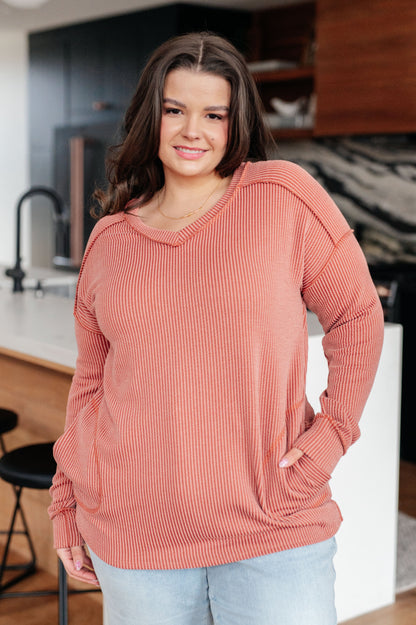 Plus size front view Molly Rib Knit Top with dropped shoulders and pockets
