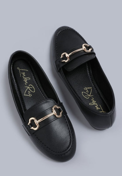 Top view of Pingle Horsebit Faux Leather Loafers in Black featuring comfort cushion insole.