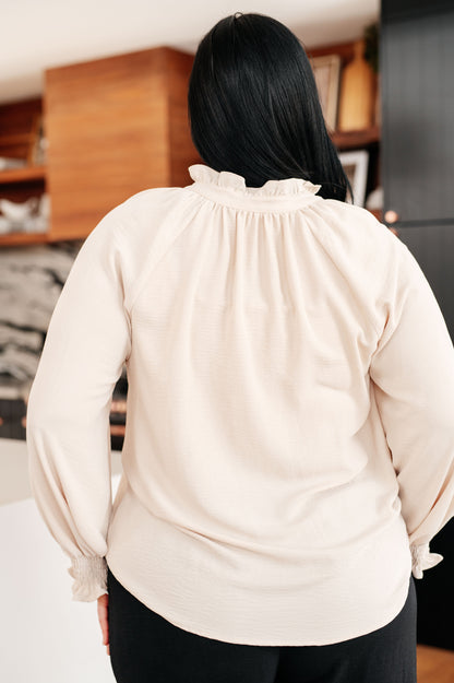 Back angle plus size Florence Button Up Blouse cream smocked cuffs.