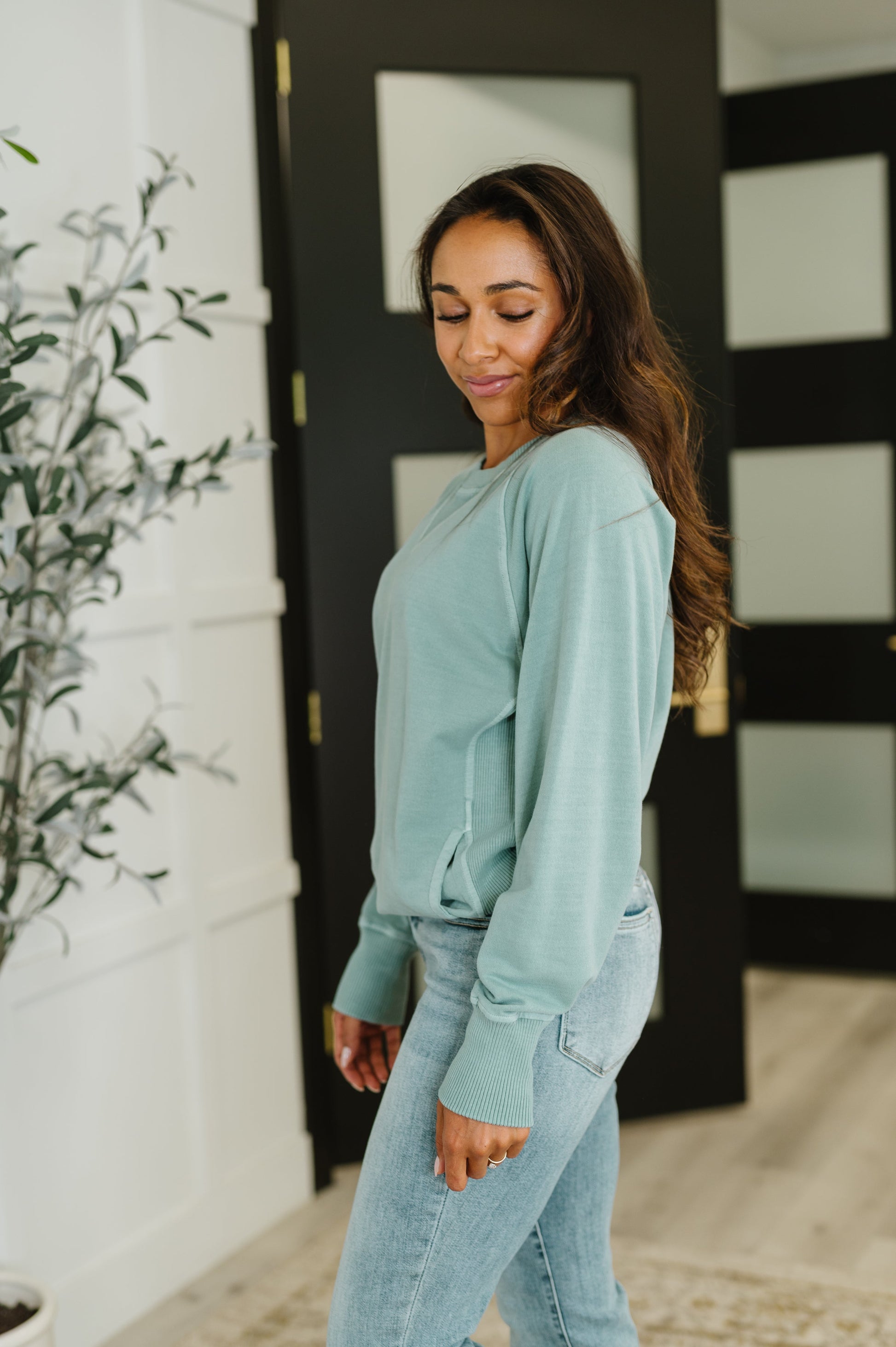 Hallie Relaxed Pullover in Ash Blue side view highlighting dolman sleeves and relaxed fit
