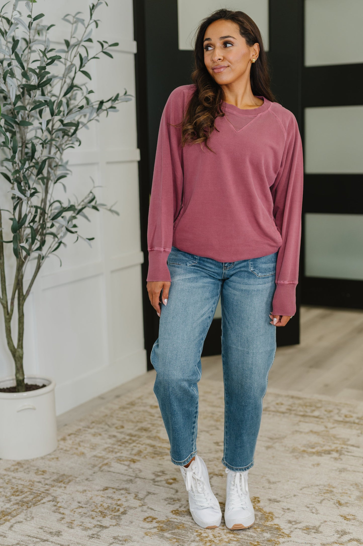 Hallie Relaxed Pullover in cabernet full body view, showcasing cozy fit, ribbed cuffs, and side pockets
