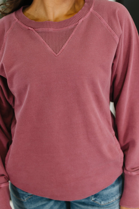 Close up of cabernet Hallie Relaxed Pullover showing ribbed contrast neckline, cuffs, and hemline details