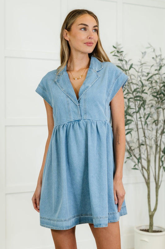 Front view of Francis denim dress with collared V-neckline, snap button front, and waistband seam.