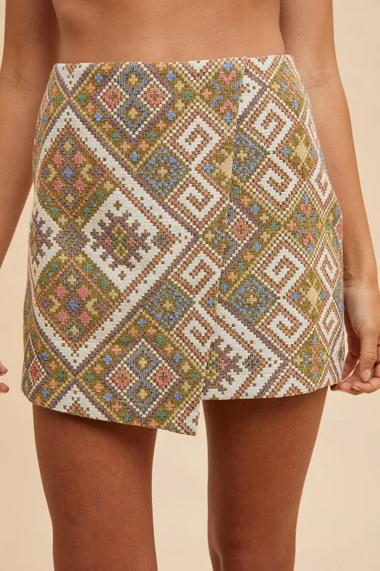 Regina Woven Jacquard Wrap Mini Skirt - High Waist