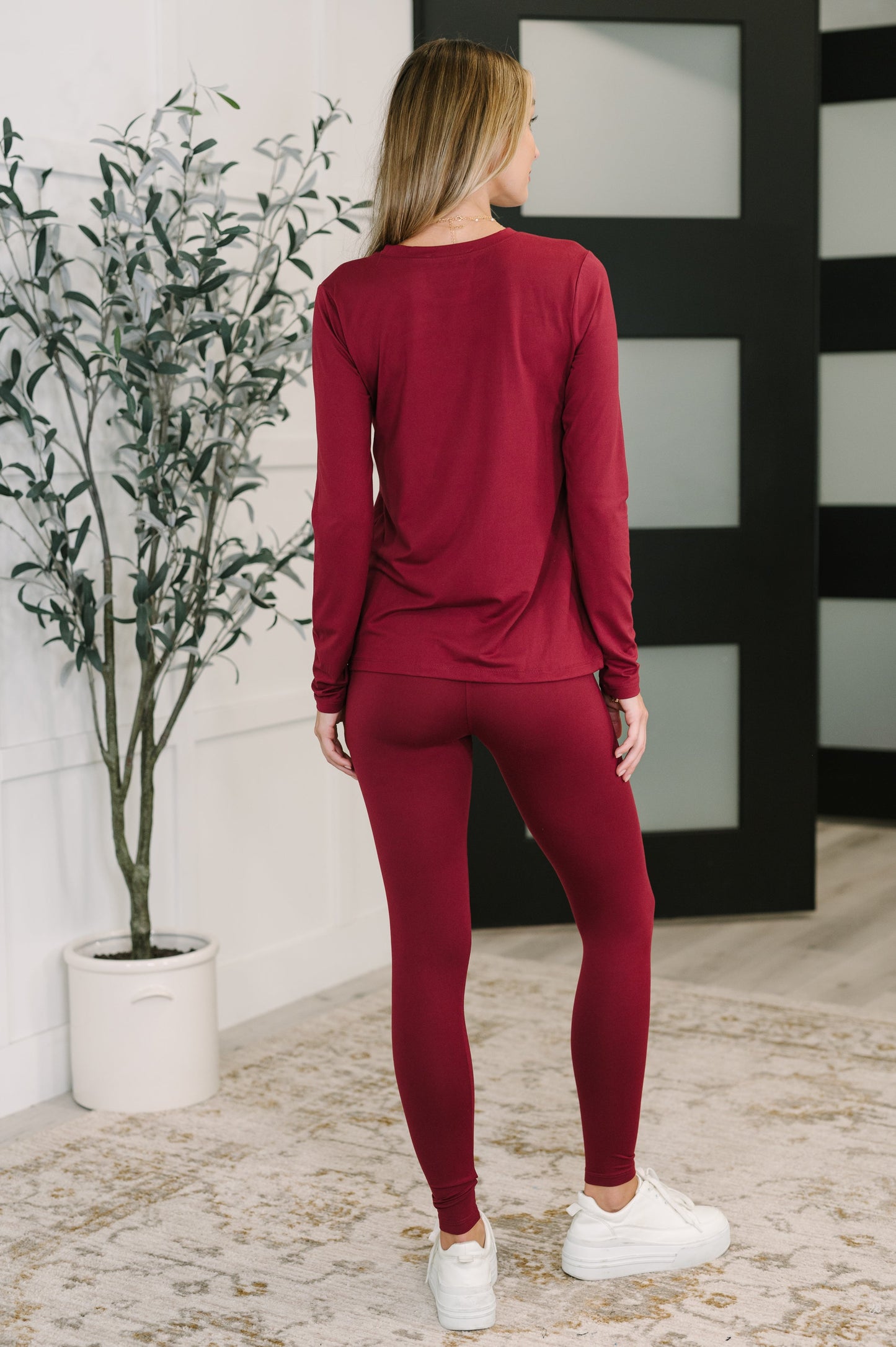 Back view of Gatlin Cozy Set in Cabernet featuring brushed microfiber and sleek skinny legs.