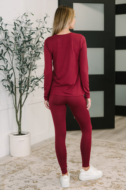 Back view of Gatlin Cozy Set in Cabernet featuring brushed microfiber and sleek skinny legs.