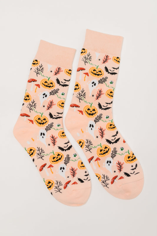 Pair of Ghouls Night In Quarter Socks with pumpkin, ghost, and bat print