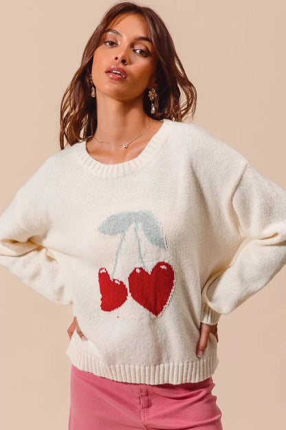 Gina Heart Cherry Sweater styled with jeans for a cute Valentine’s look.