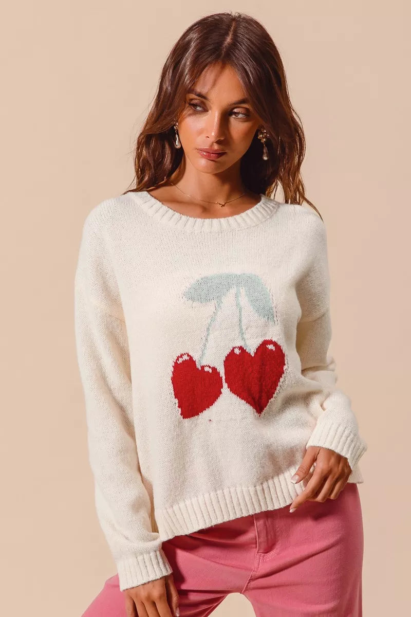 Front view of Gina Heart Cherry Knitted Sweater showing heart and cherry pattern.