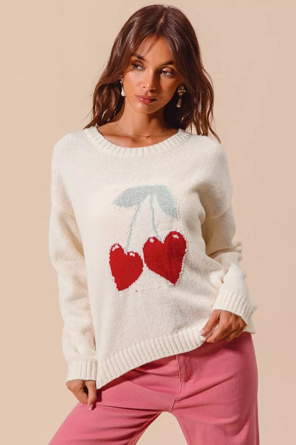Gina Heart Cherry Sweater styled with jeans for a cute Galentine's look.