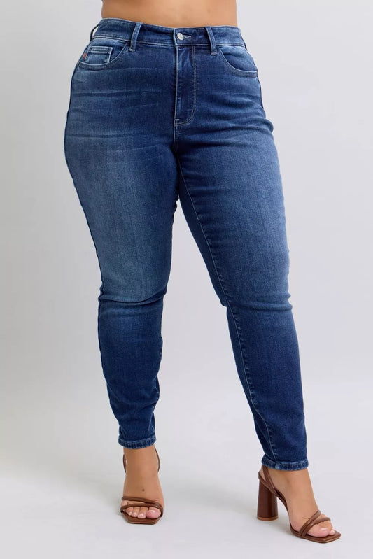 Front view of plus size Glenda Washed Thermal Skinny Jeans showing skinny fit and thermal fabric.