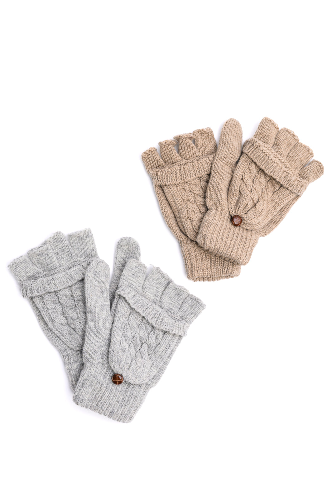 Women's flip-top gloves set of 2 in beige and gray, featuring a cable knit design, split finger mittens, and button closure.